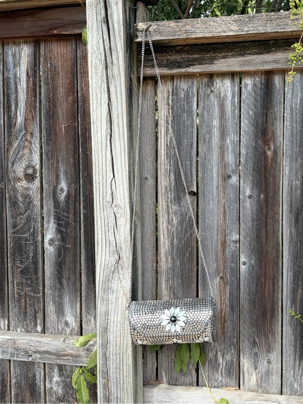 Silver Metal Floral Pearl Petal Chain Clutch